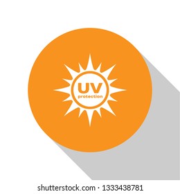 White UV protection icon isolated on white background. Ultra violet rays radiation. SPF sun sign. Orange circle button. Flat design. Vector Illustration