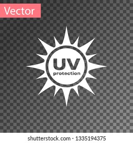 White UV protection icon isolated on transparent background. Ultra violet rays radiation. SPF sun sign. Vector Illustration