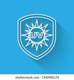 White UV protection icon isolated with long shadow. Sun and shield. Ultra violet rays radiation. SPF sun sign. Vector Illustration