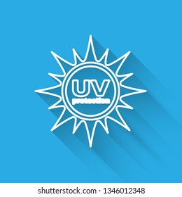 White UV protection icon isolated with long shadow. Ultra violet rays radiation. SPF sun sign. Vector Illustration