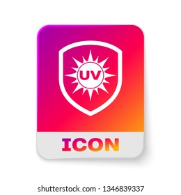 White UV protection icon isolated on white background. Sun and shield. Ultra violet rays radiation. SPF sun sign. Rectangle color button. Vector Illustration
