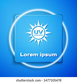 White UV protection icon isolated on blue background. Ultra violet rays radiation. SPF sun sign. Blue square button. Vector Illustration