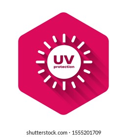 White UV protection icon isolated with long shadow. Ultra violet rays radiation. SPF sun sign. Pink hexagon button. Vector Illustration