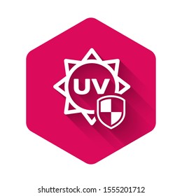 White UV protection icon isolated with long shadow. Sun and shield. Ultra violet rays radiation. SPF sun sign. Pink hexagon button. Vector Illustration