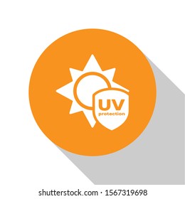 White UV protection icon isolated on white background. Sun and shield. Ultra violet rays radiation. SPF sun sign. Orange circle button. Vector Illustration