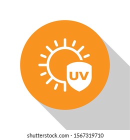 White UV protection icon isolated on white background. Sun and shield. Ultra violet rays radiation. SPF sun sign. Orange circle button. Vector Illustration