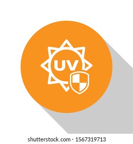 White UV protection icon isolated on white background. Sun and shield. Ultra violet rays radiation. SPF sun sign. Orange circle button. Vector Illustration