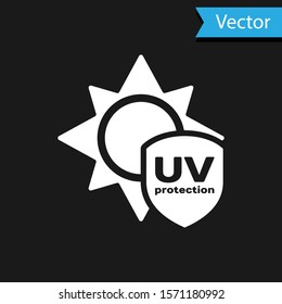 White UV protection icon isolated on black background. Sun and shield. Ultra violet rays radiation. SPF sun sign.  Vector Illustration