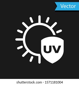 White UV protection icon isolated on black background. Sun and shield. Ultra violet rays radiation. SPF sun sign.  Vector Illustration