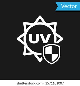 White UV protection icon isolated on black background. Sun and shield. Ultra violet rays radiation. SPF sun sign.  Vector Illustration
