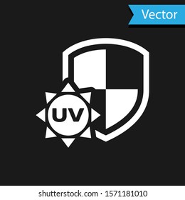 White UV protection icon isolated on black background. Sun and shield. Ultra violet rays radiation. SPF sun sign.  Vector Illustration
