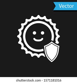 White UV protection icon isolated on black background. Sun and shield. Ultra violet rays radiation. SPF sun sign.  Vector Illustration