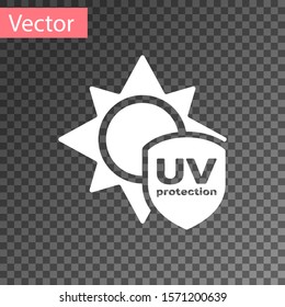 White UV protection icon isolated on transparent background. Sun and shield. Ultra violet rays radiation. SPF sun sign.  Vector Illustration