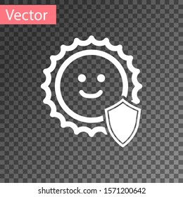 White UV protection icon isolated on transparent background. Sun and shield. Ultra violet rays radiation. SPF sun sign.  Vector Illustration