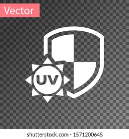 White UV protection icon isolated on transparent background. Sun and shield. Ultra violet rays radiation. SPF sun sign.  Vector Illustration
