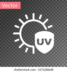 White UV protection icon isolated on transparent background. Sun and shield. Ultra violet rays radiation. SPF sun sign.  Vector Illustration