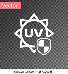 White UV protection icon isolated on transparent background. Sun and shield. Ultra violet rays radiation. SPF sun sign.  Vector Illustration