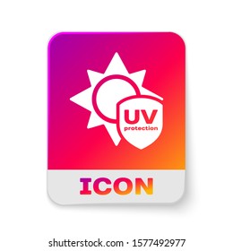White UV protection icon isolated on white background. Sun and shield. Ultra violet rays radiation. SPF sun sign. Rectangle color button. Vector Illustration
