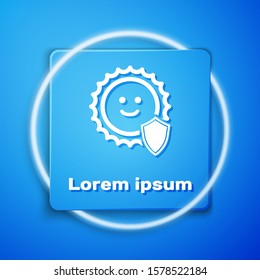 White UV protection icon isolated on blue background. Sun and shield. Ultra violet rays radiation. SPF sun sign. Blue square button. Vector Illustration