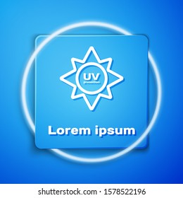 White UV protection icon isolated on blue background. Ultra violet rays radiation. SPF sun sign. Blue square button. Vector Illustration