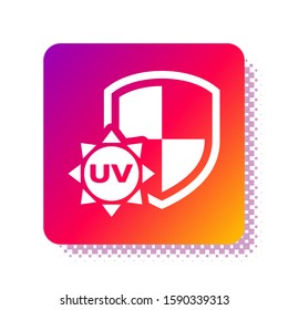 White UV protection icon isolated on white background. Sun and shield. Ultra violet rays radiation. SPF sun sign. Square color button. Vector Illustration