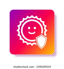 White UV protection icon isolated on white background. Sun and shield. Ultra violet rays radiation. SPF sun sign. Square color button. Vector Illustration