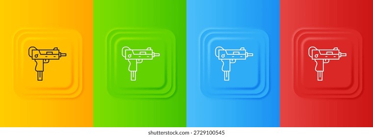 Icono blanco de la subametralladora de UZI aislado en fondo colorido. Arma automática. Establecer íconos en Botones cuadrados. Vector