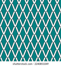 White V alphabet letter repeating pattern on teal green background vector. Diamond fabric, ethnic, rhombus, thin diagonal lines, triangle background. Wall and floor ceramic tiles seamless pattern.