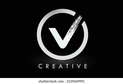 White V Brush Letter Logo Design with Black Circle. Creative Brushed Letters Icon Logo.