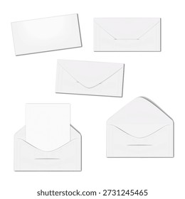 White V flap dl envelope. Front, back. Open, closed, with blank paper sheet inside. Realistic 3d vector mockup. Easy editable. Mock-up set. Template for design