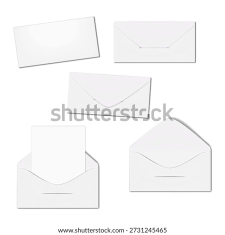 White V flap dl envelope. Front, back. Open, closed, with blank paper sheet inside. Realistic 3d vector mockup. Easy editable. Mock-up set. Template for design