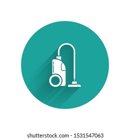 White Vacuum cleaner icon isolated with long shadow. Green circle button. Vector Illustration