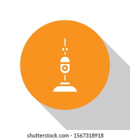 White Vacuum cleaner icon isolated on white background. Orange circle button. Vector Illustration