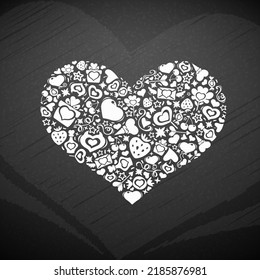 White Valentine Day Heart from Romantic Symbols on a Chalkboard. Hand drawn love greeting card.
