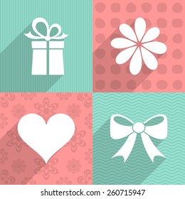 White valentine icons on colorful backgrounds long shadow 