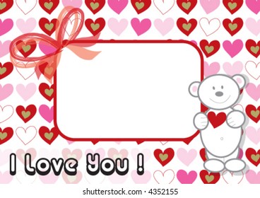 white valentine teddy and pink hearts (vector) - illustrated background / valentine theme