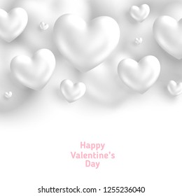 White Valentine's Day background, 3d hearts on bright backdrop. Vector illustration. Cute love banner or greeting card. Place for text