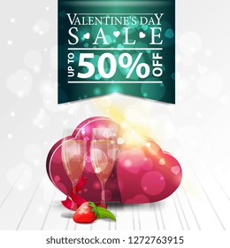 White Valentine's Day sales, discount banner with glasses of champagne and two hearts