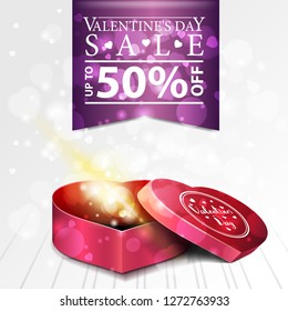White Valentine's Day sales, discount banner with gift in form of heart
