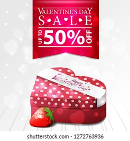 White Valentine's Day sales, discount banner with gift in form of heart