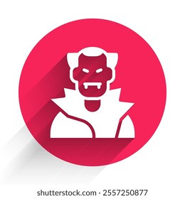 White Vampire icon isolated with long shadow. Happy Halloween party. Red circle button. Vector