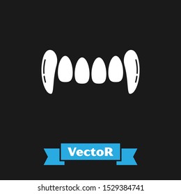 White Vampire teeth icon isolated on black background. Happy Halloween party.  Vector Illustration