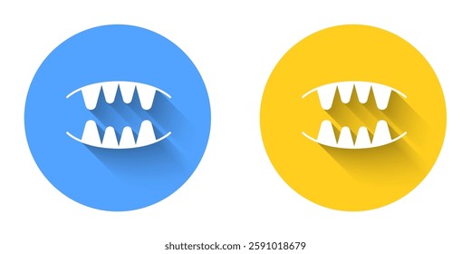 White Vampire teeth icon isolated with long shadow background. Happy Halloween party. Circle button. Vector