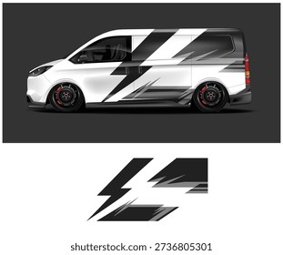 A white van with a black and white diagonal stripe decal on the side panel, with a close-up of the decal below.