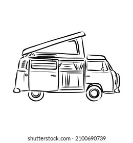 White van with black outline isolated on white background. Vector Illustration.