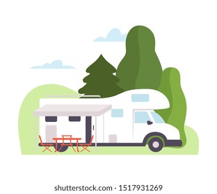 White van at the campsite. Vector illustration.