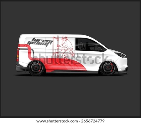 A white van features a plumbing-themed design with a red stripe and a plumber illustration on a dark background.