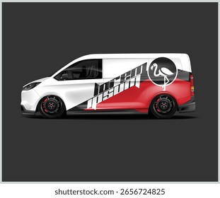 Uma van branca apresenta um design gráfico impressionante com um logotipo flamingo e acentos vermelhos.