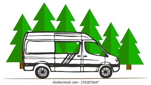 White van with forest in the background. Living van life, camping in nature, travelling icon. Illustration. 