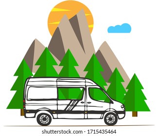 White van with forest and mountains in the background. Living van life, camping in the nature, travelling. Vector Illustration. 
